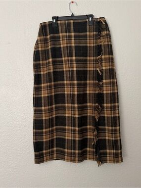 Plaid Wool Fringe Faux-Wrap Midi Skirt in Black, Brown and Tan